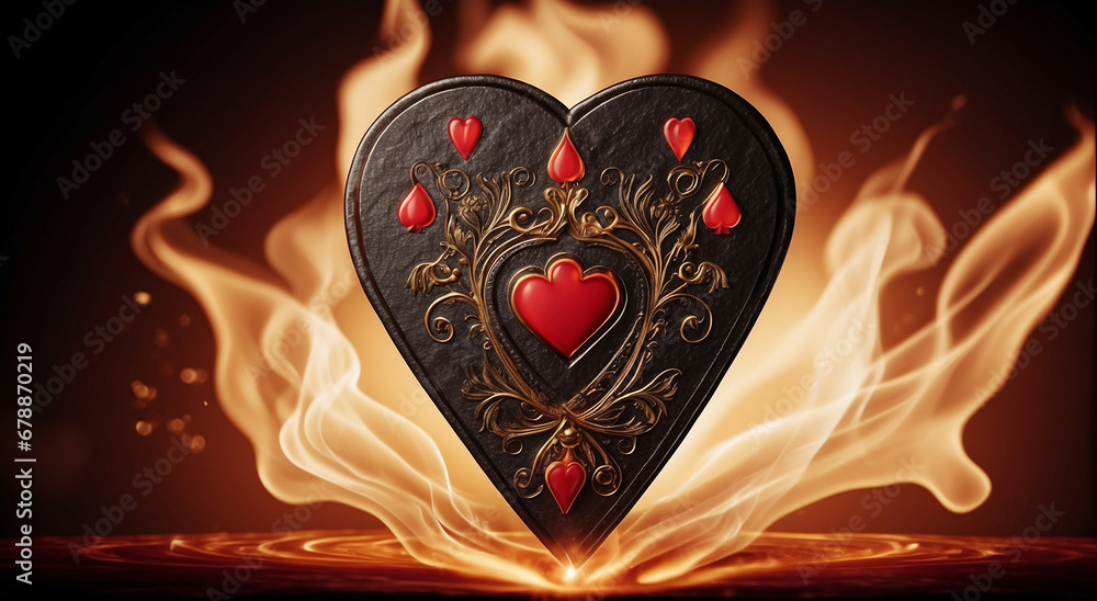 Poster an ace of hearts on flames illuminates an isolated dark background - ai generative
