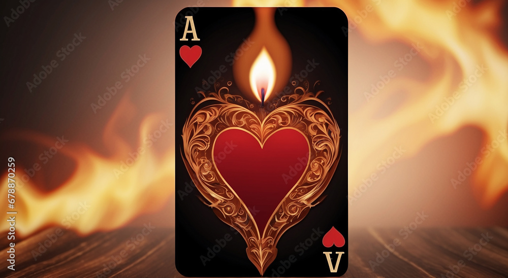 Poster an ace of hearts on flames illuminates an isolated dark background - ai generative