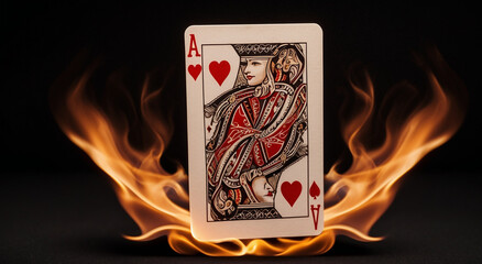 An Ace of Hearts on Flames illuminates an isolated dark background - AI Generative