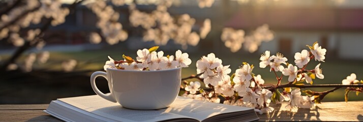Coffee cup and book on a vibrant spring themed table, perfect for relaxation and inspiration