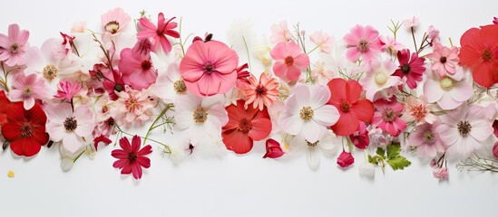 In the isolated tranquility of nature during summer amidst a sea of lush green leaves a vibrant collage of red and pink flowers adorns a white background card resembling a transparent wallp