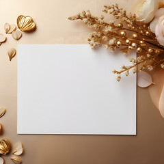 elegant mockup in white and gold tones, the creator of the scene. an empty card, a place for your text. festive postcard.