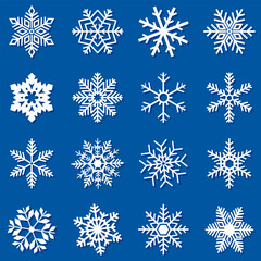 Fototapeta na wymiar Big set of white snowflakes on a blue background for winter design.