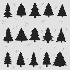 Big set collection of vintage style decorated christmas tree icons for winter holidays design.