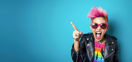Young woman with colourful dyed hair, sunglasses,  cheeky attitude, smiling and pointing finger up to side. Wide banner, copy space. Generative AI - Powered by Adobe