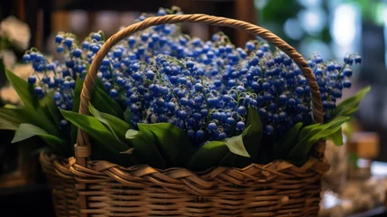 Zelfklevend Fotobehang Lily of the valley in a wicker basket on a blurred background. Convallaria majalis. Springtime Concept. Mothers Day Concept with a Copy Space. Valentine's Day. © John Martin