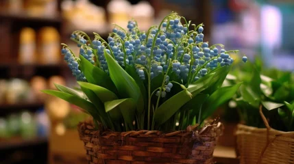 Türaufkleber Lily of the valley in a wicker basket on a blurred background. Convallaria majalis. Springtime Concept. Mothers Day Concept with a Copy Space. Valentine's Day. © John Martin