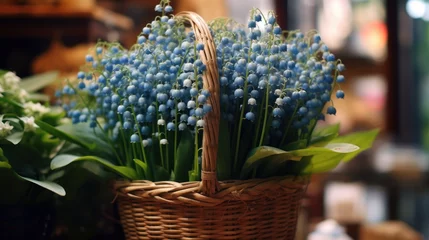 Foto auf Glas Lily of the valley in a wicker basket on a blurred background. Convallaria majalis. Springtime Concept. Mothers Day Concept with a Copy Space. Valentine's Day. © John Martin