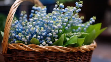Fototapeten Lily of the valley in a wicker basket on a blurred background. Convallaria majalis. Springtime Concept. Mothers Day Concept with a Copy Space. Valentine's Day. © John Martin