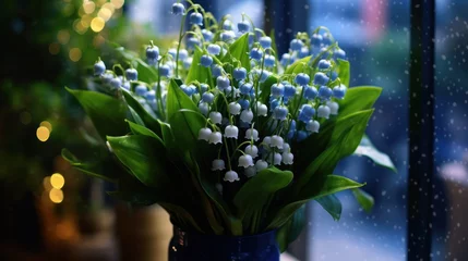 Zelfklevend Fotobehang Lily of the valley bouquet in vase on blurred background. Convallaria majalis. Springtime Concept. Mothers Day Concept with a Copy Space. Valentine's Day. © John Martin