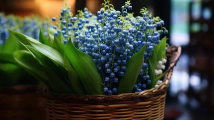 Poster Lily of the valley in a wicker basket on a blurred background. Convallaria majalis. Springtime Concept. Mothers Day Concept with a Copy Space. Valentine's Day. © John Martin