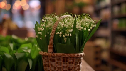 Foto op Canvas Lily of the valley in a wicker basket on a blurred background. Convallaria majalis. Springtime Concept. Mothers Day Concept with a Copy Space. Valentine's Day. © John Martin