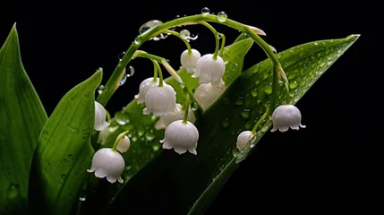 Gordijnen White Lily of the valley with water drops on a black background. Convallaria majalis. Springtime Concept. Mothers Day Concept with a Copy Space. Valentine's Day. © John Martin