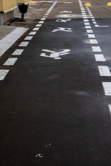 Pedestrian path. The image of a man with paint on the asphalt.