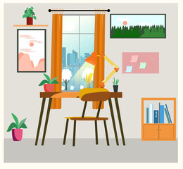 Interior Workplace, cozy paintings and plants, chest of drawers with books, window with view winter city, modern table and chair. Vector flat illustration Minimalism.