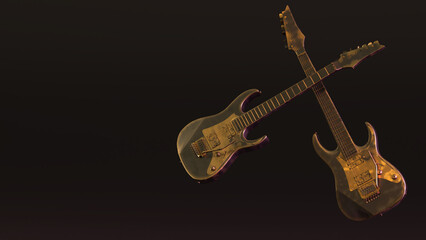 3D render of golden electric guitar isolated on dark background, Rock musical instruments,