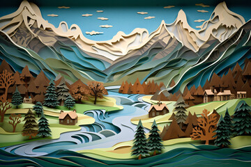 Obraz na płótnie Canvas Kirigami art, a beautiful mountain landscape