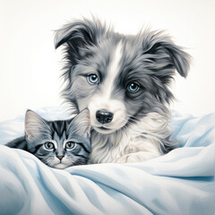 A puppy and a tiny kitten are sitting together under a warm blanket on the bed at home. AI generated.
