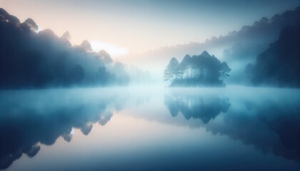 Mystical Morning Fog over Tranquil Lake