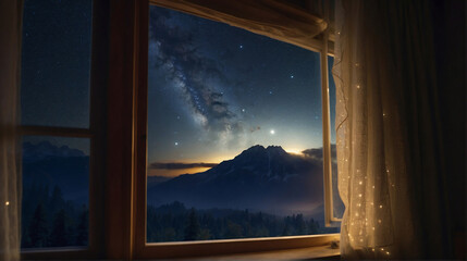 Night view of the mountains and stars from the window
