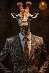 Giraffe dressed in an elegant modern suit with a nice tie. Fashion portrait of an anthropomorphic animal posing with a charismatic human attitude