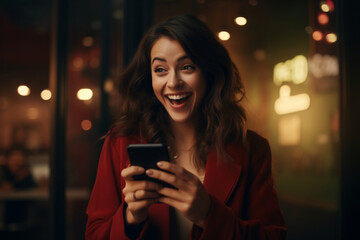 A woman looking up from her phone laughing, reading or seeing something funny on her phone