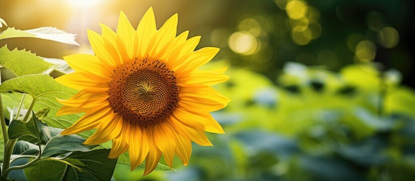 In the lush and vibrant garden a stunning sunflower stands tall its golden petals contrasting beautifully against the lush green leaves in the background making it an ideal subject for a su