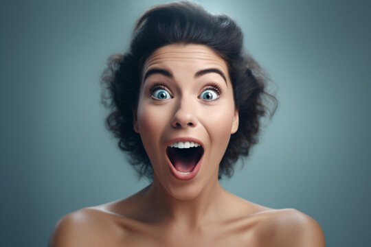 A woman with a surprised look on her face, full of surprise with an open mouth
