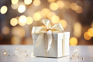 Obraz na płótnie Canvas beautifully wrapped gift box with red ribbon and festive lights in soft luminous hues