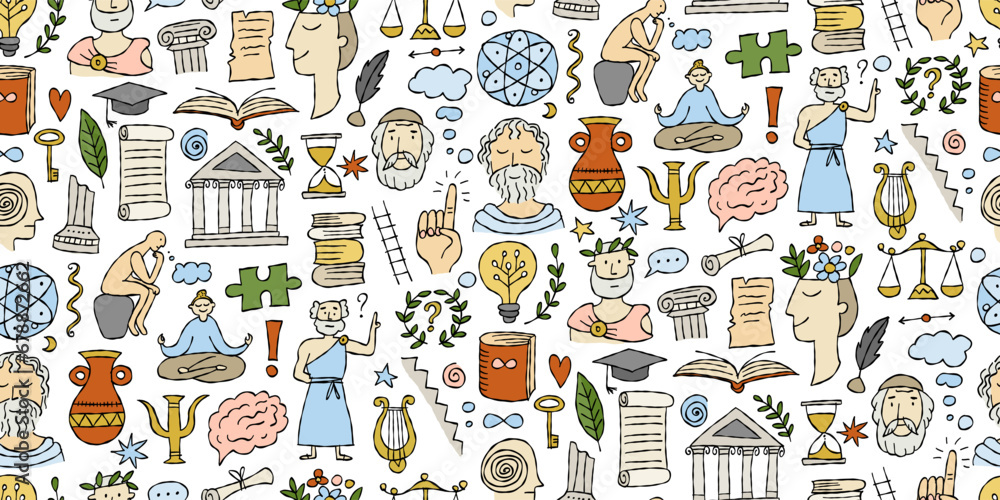 Leinwandbilder philosophy concept art, hand-drawn philosophers and elements. seamless pattern background for your d