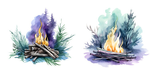 Obraz premium Christmas camping fire watercolor clipart illustration with isolated background.