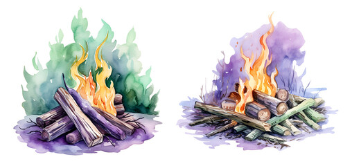 Christmas camping fire watercolor clipart illustration with isolated background. - obrazy, fototapety, plakaty