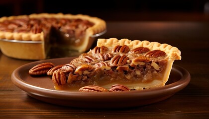 Homemade pecan pie on rustic wood background, ideal for holiday desserts and thanksgiving