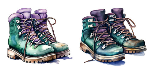 Camping boots winter watercolor clipart illustration with isolated background.