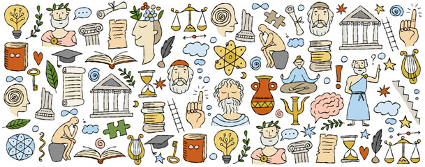 Philosophy concept art, hand-drawn philosophers and elements. Horizontal banner, background for your design in flat style