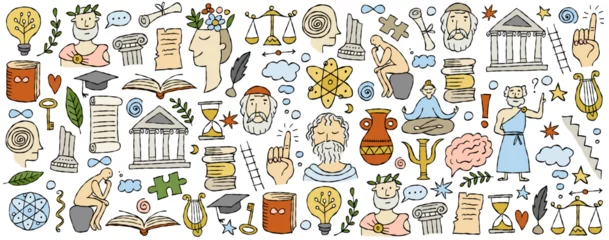 Fotobehang Philosophy concept art, hand-drawn philosophers and elements. Horizontal banner, background for your design in flat style © Kudryashka
