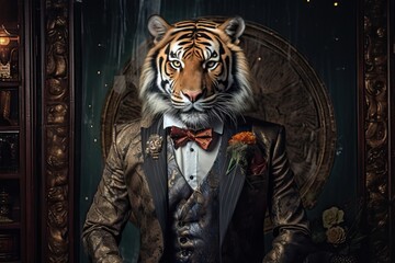 Tiger dressed in an elegant modern suit with a nice tie. Fashion portrait of an anthropomorphic animal, feline, posing with a charismatic human attitude - obrazy, fototapety, plakaty