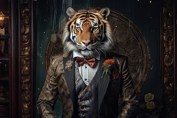 Fotobehang Tiger dressed in an elegant modern suit with a nice tie. Fashion portrait of an anthropomorphic animal, feline, posing with a charismatic human attitude © Eli Berr