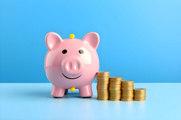 Smiling pink pig piggy bank next to a stack of gold coins, isolated on blue background. Investment success, savings concept