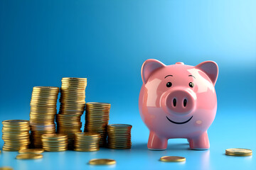 Smiling pink pig piggy bank next to a stack of gold coins, isolated on blue background. Investment success, savings concept