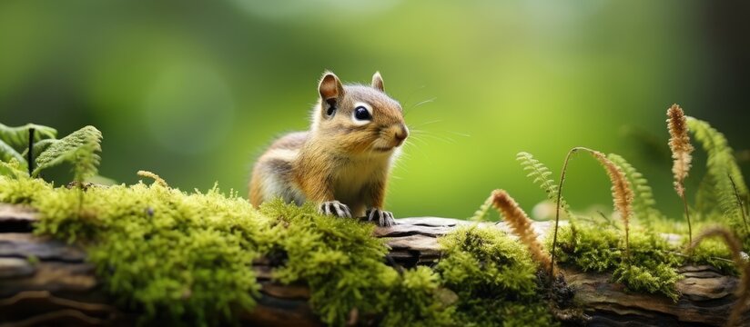 In the serene backdrop of a lush forest a chipmunk scurries across the mountains terrain its cute portrait captivating all with its beautiful eye and natural fur embodying the essence of a 