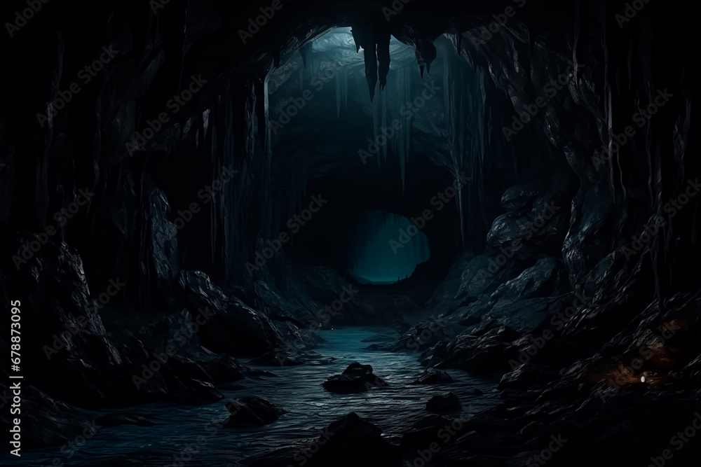 Wall mural creepy black cave in the middle of the forest. eerie atmosphere inside the dark cave. beams of light