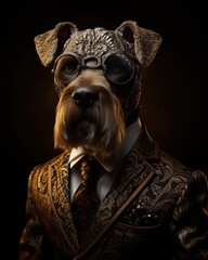 Dog dressed in an elegant modern suit with a nice tie. Fashion portrait of an anthropomorphic animal posing with a charismatic human attitude
