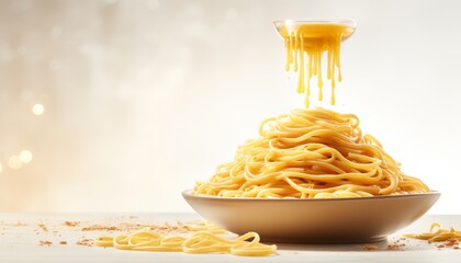 Italian spaghetti pasta dish on white plate with copy space for text, top view perspective - obrazy, fototapety, plakaty