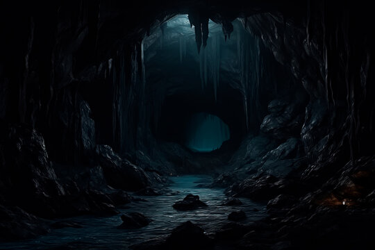 Creepy black cave in the middle of the forest. Eerie atmosphere inside the dark cave. Beams of light piercing through the darkness of the cave