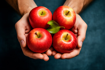 A person holding red fresh apples in hands. Symbol of abundance. Fresh fruits in hands