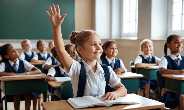 Smiling smart girl elementary school student rising hand to answer teacher question sitting at desk on lesson in classroom. She smiling looking at camera. Education process in class, primary school.