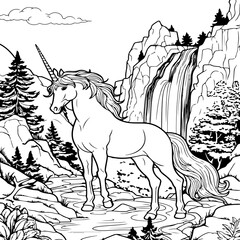 unicorn by waterfall with mountains coloring page