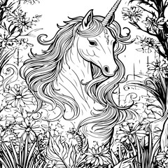 Obraz na płótnie Canvas unicorn in a mystical jungle coloring page