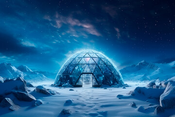 Igloo in a snowy desert during the moonlit night. Cold huts in the middle of the snow at night